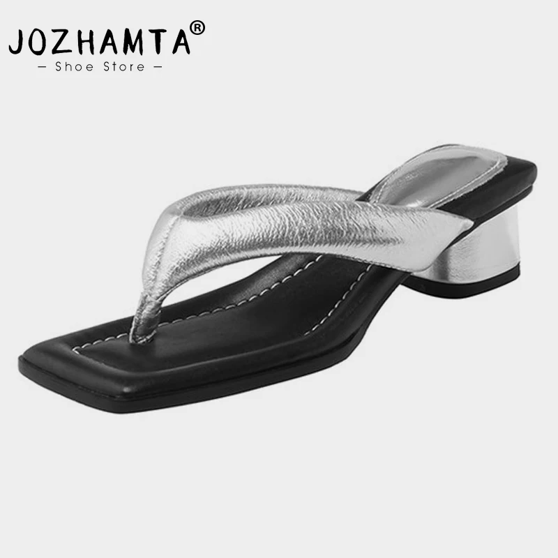 JOZHAMTA Size 33-40 Women Flip Flops Real Leather Thick Heels Summer Slides Sandals Square Toe 2025 Ins Fashion Daily Slippers