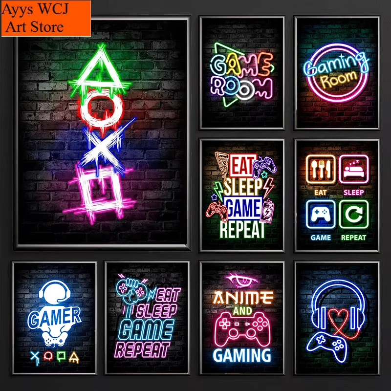 1pc frameless Canvas Painting Gaming Neon Eat Sleep Game Repeat Canvas Posters Gamer Room Decor Canvas Print Art for Home Esport