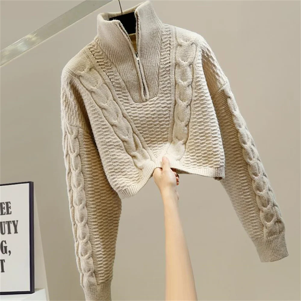 

Fashionable zipper design loose pullover short fried dough twist sweater women new solid simple knit top