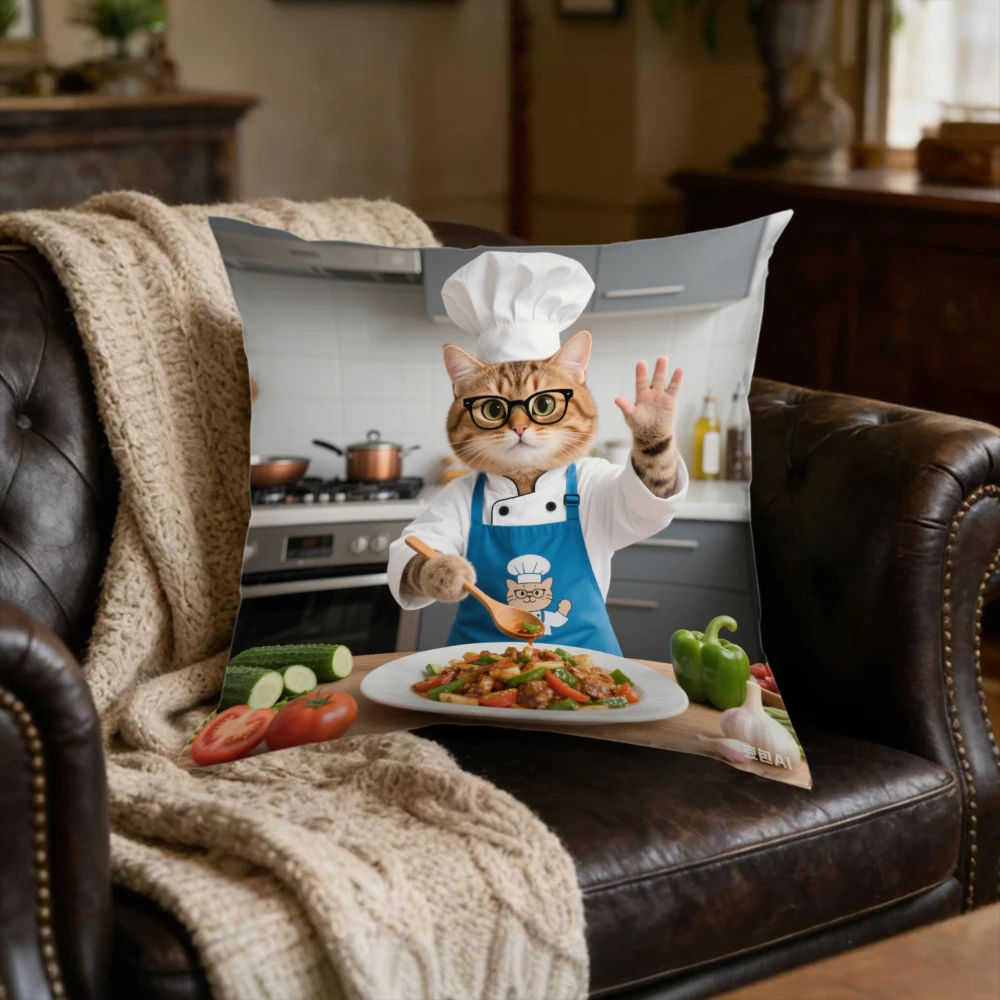 1Pc Cartoon Chef Cat Cushion Cover Multicolor Kitchen Cooking Print Pillowcase For Sofa Bed Home Decor Soft Comfortable Throw