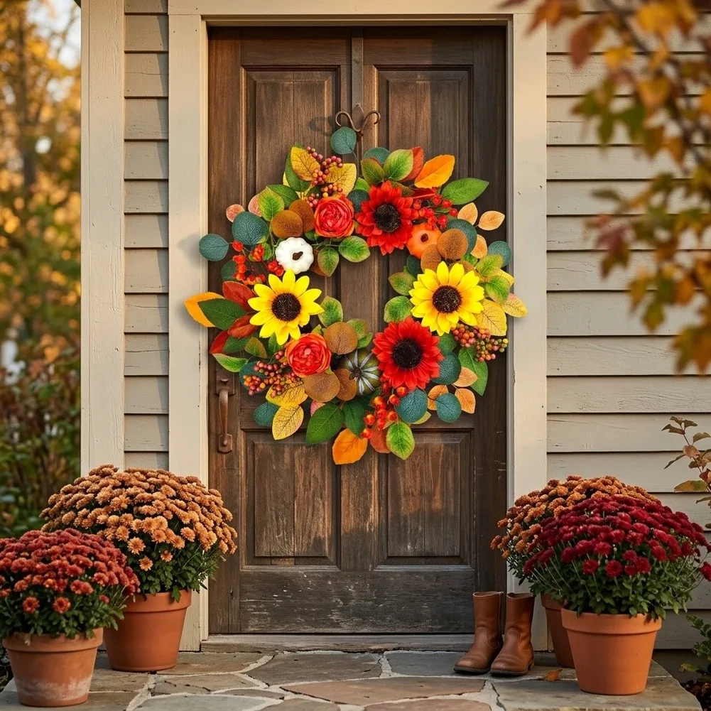 20 Inch Autumn Wreath With Sunflowers Pumpkins Maple Leaves For Front Door Wall Decor Halloween Thanksgiving Harvest Floral Deco