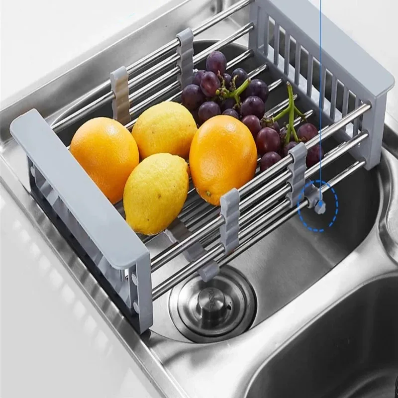 

Adjustable Stainless Steel Sink Drain Rack - Retractable Fruit Vegetable Drying Basket Kitchen Organizer