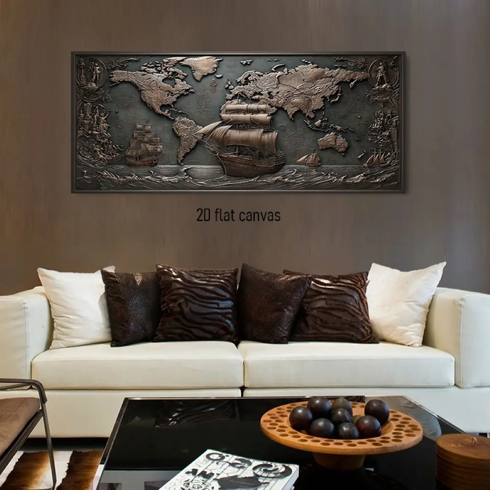 1 قطعة نحت البرونزية الرجعية خريطة العالم اللوحة الزخرفية ثلاثية الأبعاد الإغاثة الملاحة موضوع قماش اللوحة غرفة المعيشة دراسة مدخل Wa #1