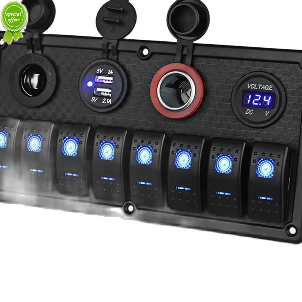 Waterproof Boat Marine Switch Panel + USB Power Socket + Dual Cigarette Lighter + Led Voltmeter 8 Gang Car Rocker Switch Panel