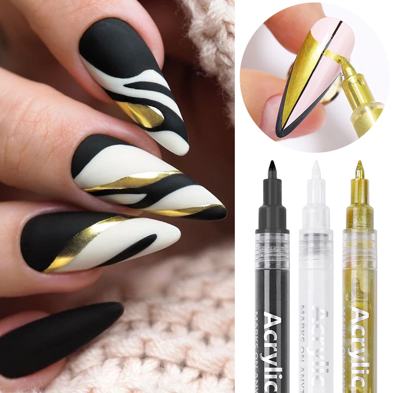 Nail Art Graffiti Pen Waterproof Drawing Gold Black Color UV Gel Polish Design Dot Painting Detailing Pen Nail DIY Flower Tools