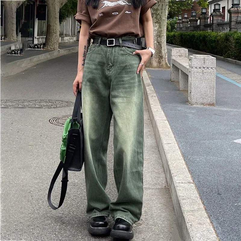 

BIYABY 2024 New Gradient Green Jeans Pants Women American Vintage High Street Denim Trousers Woman Washed Do old Wide Leg Pants