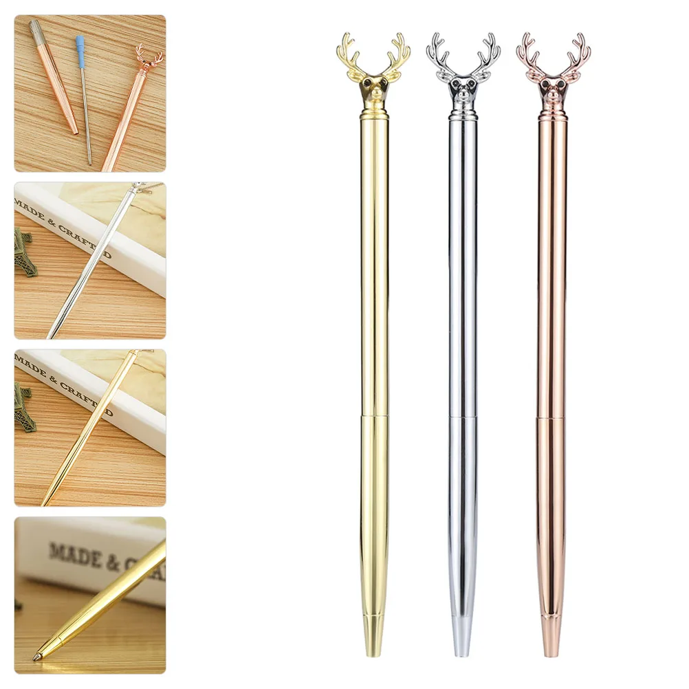 

3pcs Deer Head Ballpoint Metal School Pens For Kids Students Office Party Festival Decoration Unique Creative Pens Smooth