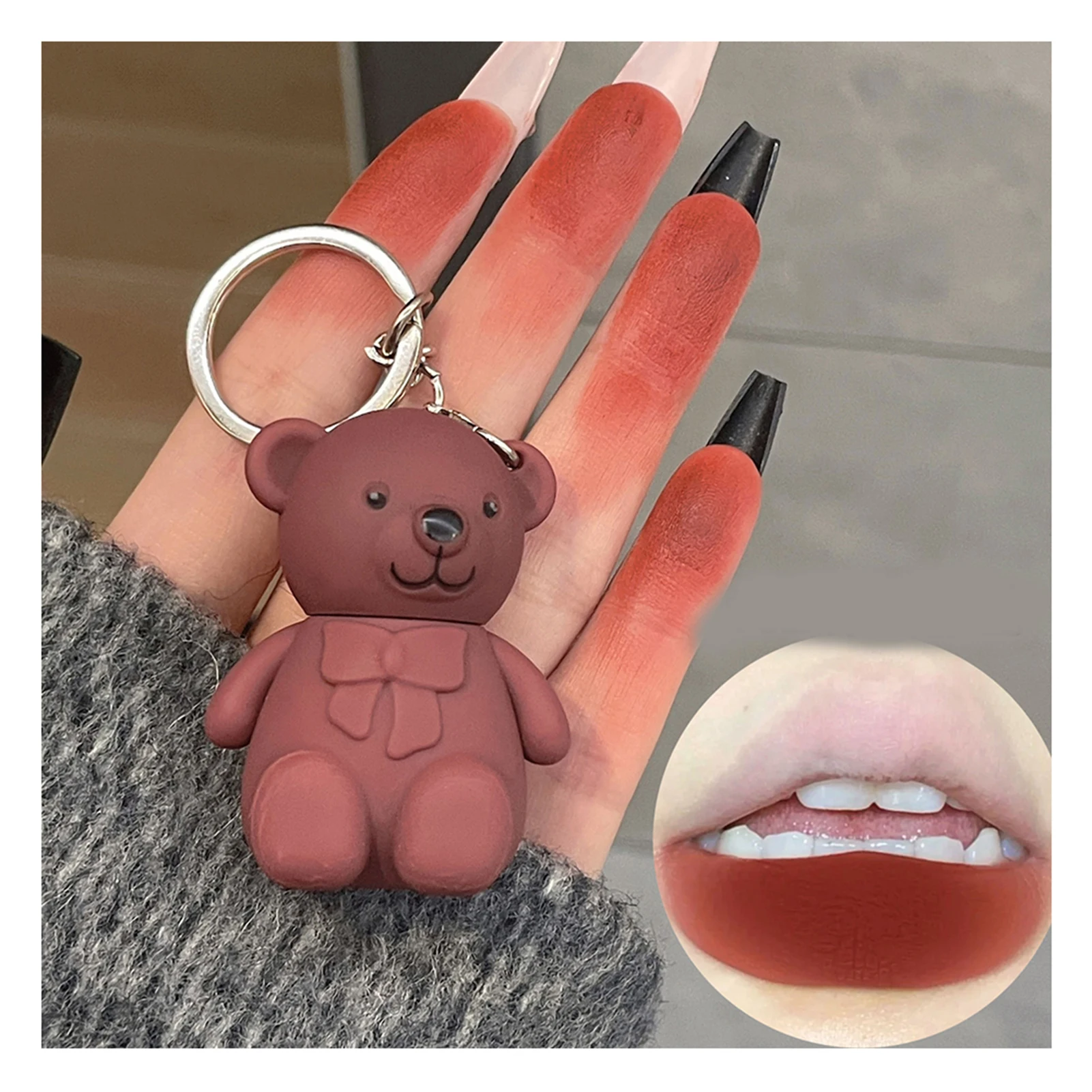 Cute Bear Keychain Matte Lip Gloss Portable Long Lasting Waterproof Cosmetics Natural Lip Makeup Lipstick For Outdoor Travel