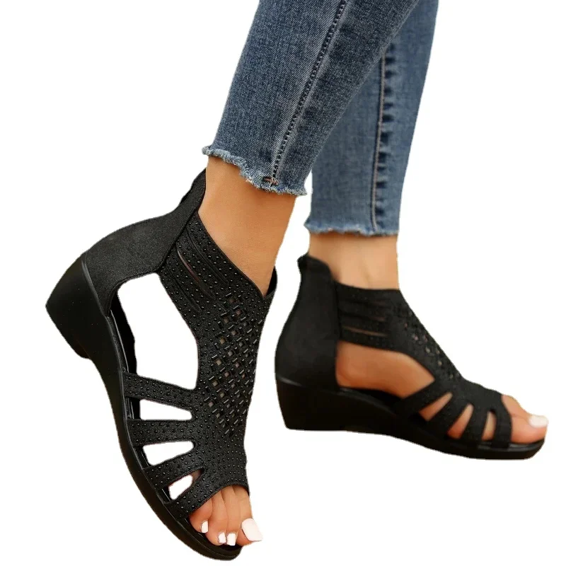 Fashion Rhinestone Wedge Sandals Women Summer New Elegant Ladies Rome Shoes Hollow Sandals Female Black Casual Sandalias