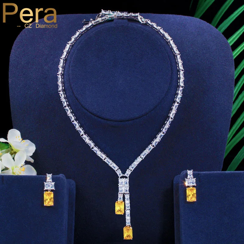 Pera Gorgeous African Yellow CZ Stone Long Wedding Pendant Necklace Earrings Jewelry Sets for Women Party Wear Accessories J297