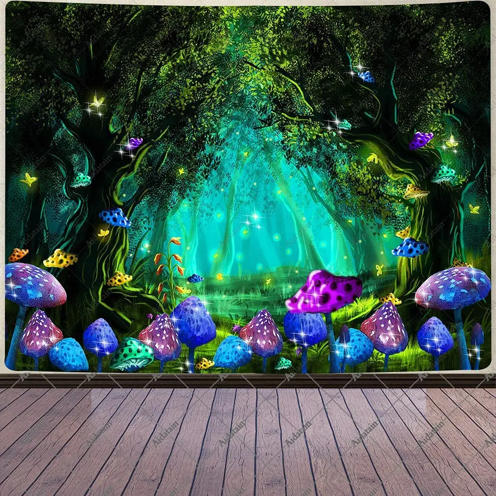 

3D Forest Mushrooms Tapestry Psychedelic Cartoon Enchanted Woods Background Pattern Tapestries Bedroom Living Room Wall Hanging