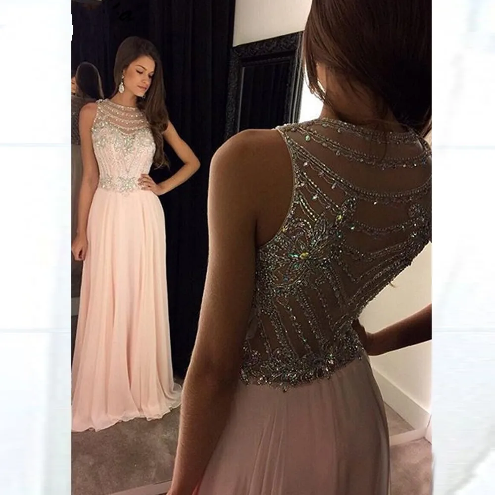 

Angelsbridep Pink Sparkly Beaded Floor Length Evening Dresses Long Chiffon A-Line Women Formal Party Gowns Robes De Bal