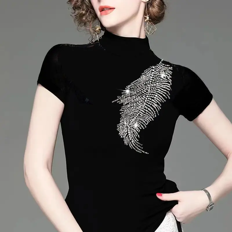 

Новые модные элегантные женские футболки с высоким воротником и короткими рукавами, хлопковые тонкие пуловеры со стразами, универсальные топы в корейском стиле YY65