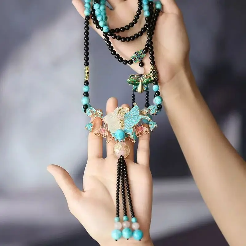 Slanted cross-chain backpack style long-length fringed necklace - Ancient style sweater accessory