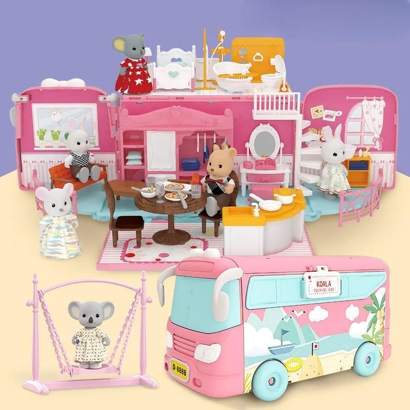 Koala Tour Bus casa de muñecas en miniatura, diario, juego de simulación, juguetes para niños, accesorios y muebles, Villa, regalos para niñas