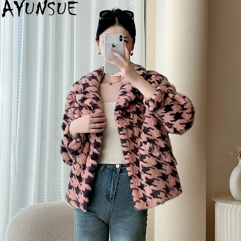 เสื้อแจ็คเก็ตขนมิงค์ธรรมชาติ AYUNSUE 2025 สำหรับผู้หญิง ลายพิมพ์แฟชั่น ขนแท้ เสื้อผ้าผู้หญิง ขนมิงค์แท้คุณภาพสูง Abrigo Mujer