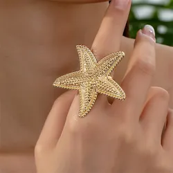 1pc Starfish Shaped Funny Stainless Steel Opening Ring 14K Gold Plated Funny Accessories Men and Women's Ring for Daily Wear