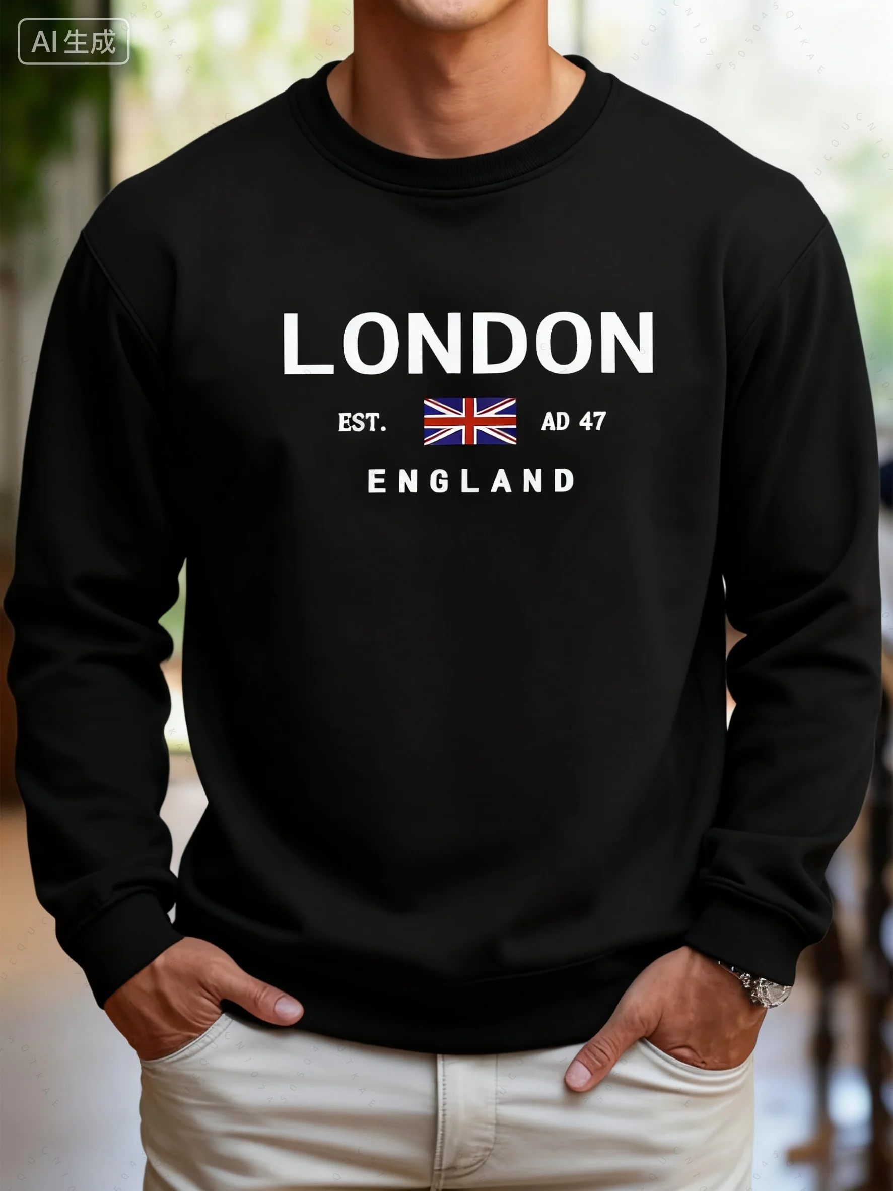 Men's Cotton Sweatshirt Loose Comfortable Sports Casual London English Letter Printed Round Neck Sleeved High Quality Hoodie Top