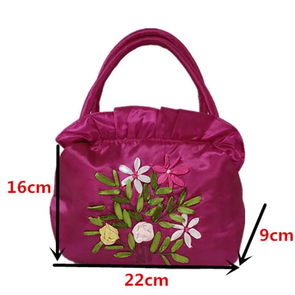 Satin Silk Embroidery Flower Handbag Ruffle Ethnic Style Tote Bag Korean Shopping Bag Zipper Flower Wrist Bag Outdoor