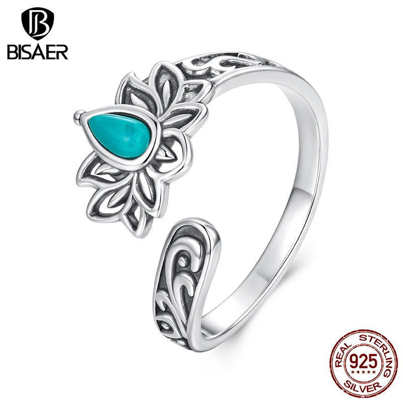 

BISAER, винтажное открытое кольцо из стерлингового серебра 925 пробы с лотосом, регулируемый размер 5-9, бирюзовый ремешок с каплями воды для женщин, вечерние ювелирные украшения