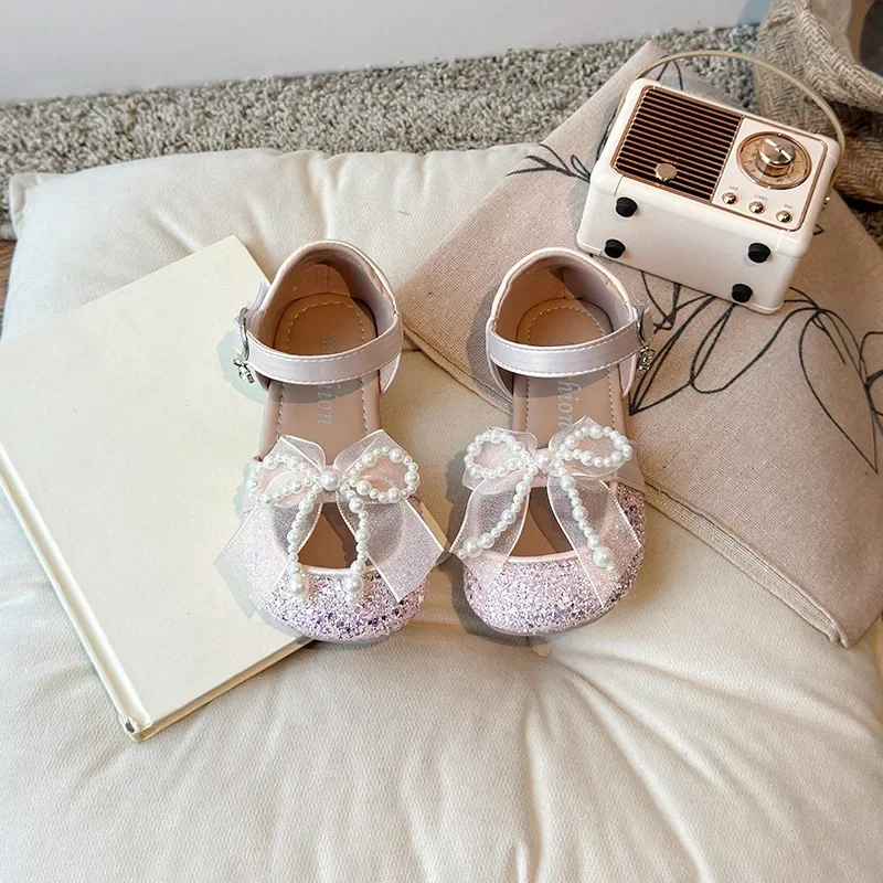 Girls Princess Shoes Toes Capped Soft Sole 2025 Summer New Kids Sandals Mesh Lace Bows Sweet Children Beach Shoes Non-slip Ins