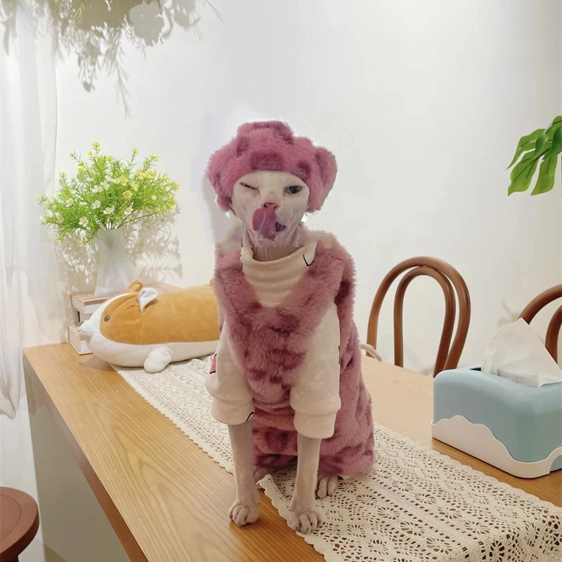 Winter Warm Fleece 4-legged Sweater Hat Suit for Sphynx Cat thick Blue Sleeveless Vest for Cat Soft Leopard Coat For Devon Rex