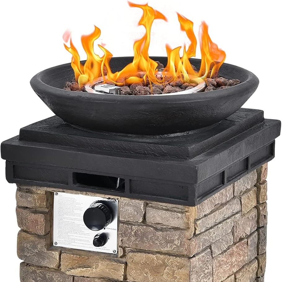 Propane Firebowl Column, 40,000 BTU Outdoor Gas Fire Pit, Compact Ledgestone Firepit Table with Lava Rocks and Rain Cover