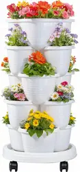 5 Tier Vertical Garden Planter, Self Watering Stackable Planters with Wheels for Strawberries, Herbs, Flowers, Vegetables,White