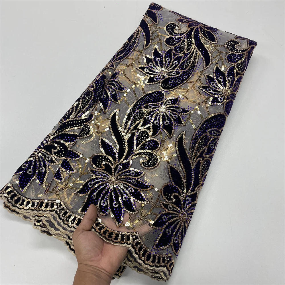 5 Yards 2024 New African Velvet Lace Fabric High Quality Wedding Dress Luxury Sequins Embroidery Nigerian Lace Fabric Sewing