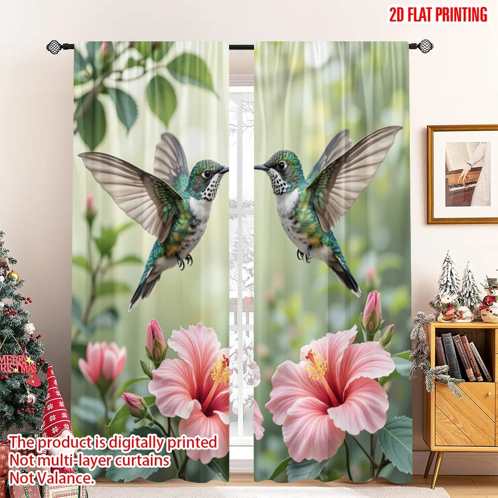 2pcs 2D flat printing Curtains Hummingbirds Pink Hibiscus Flowers_a Digital Printed Polyester Drapes Holiday Decorations Use for