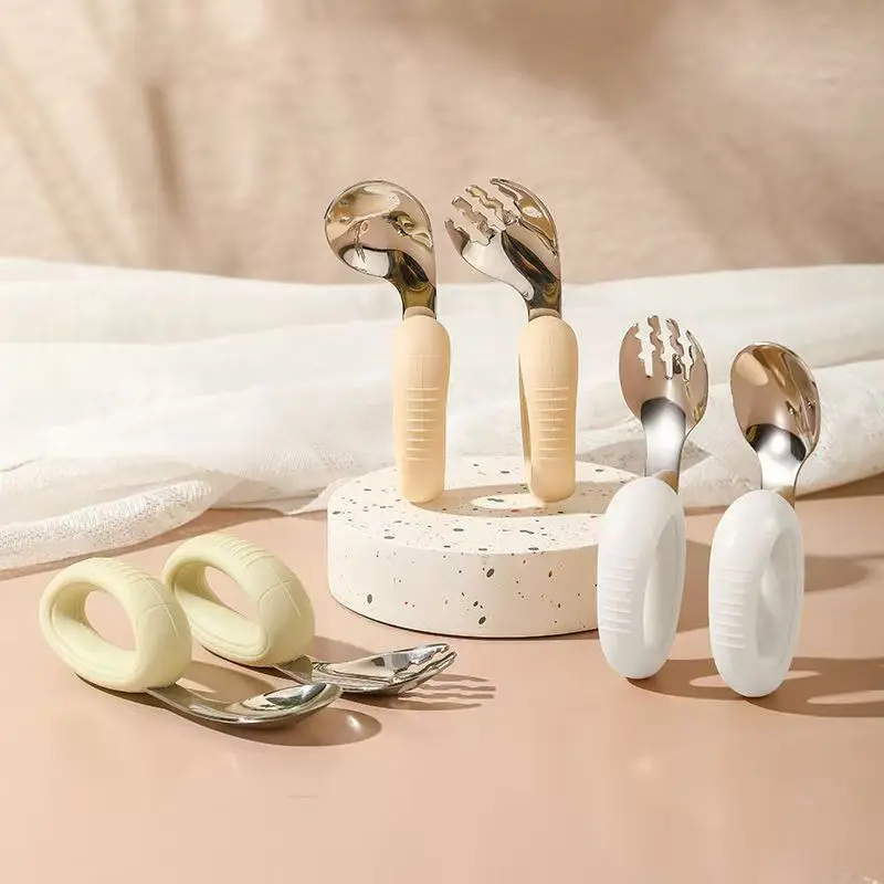 

Силиконовая ручка из нержавеющей стали 304, детская тренировочная вилка-ложка, детская лежачая ложка для еды, креативная ложка для локтей, детская одежда