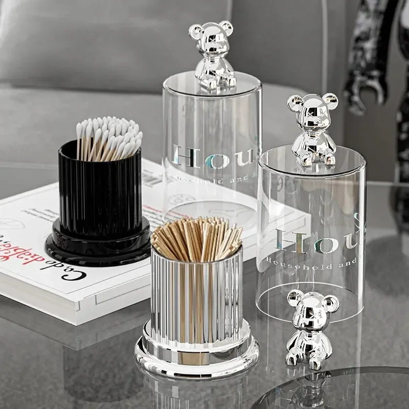 Net Red High Appearance Level Bear Acrylic Toothpick Box Creative Toothtip Holder Household Cotton Swab Floss Storage Tank