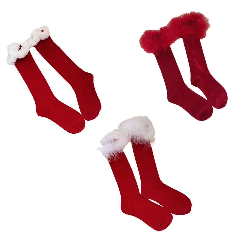 Women Christmas New Year Holiday Red Knee High Socks with Faux Fur Feather Trim