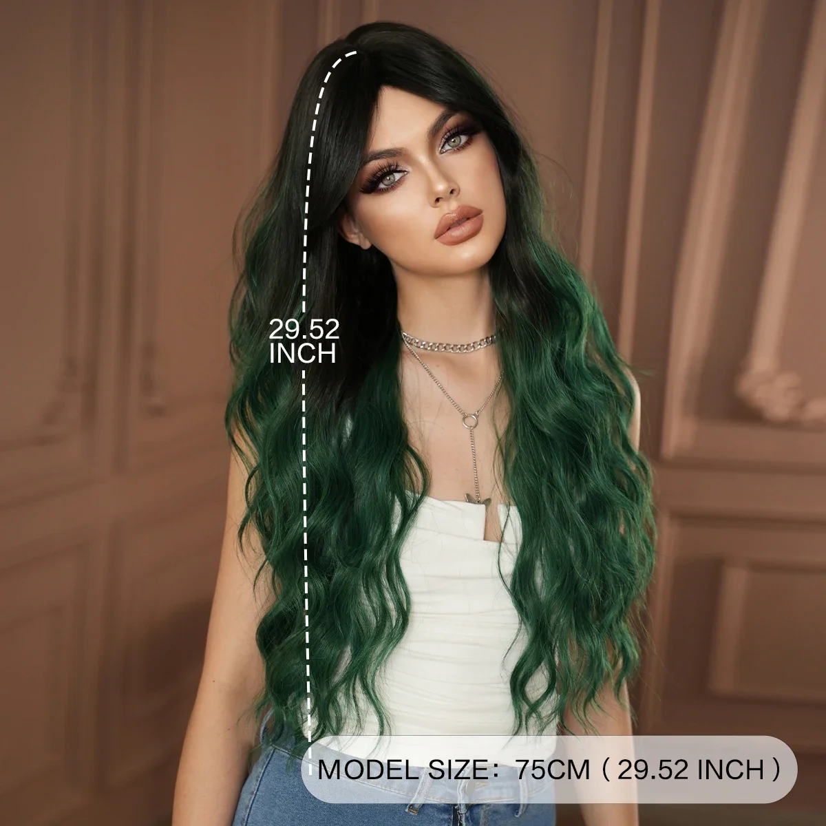 NAMM Costume Wigs Long Wavy Emerald Green Body Wigs with Dark Roots High Density Synthetic Heat Resistant Wig Mid Split Wigs