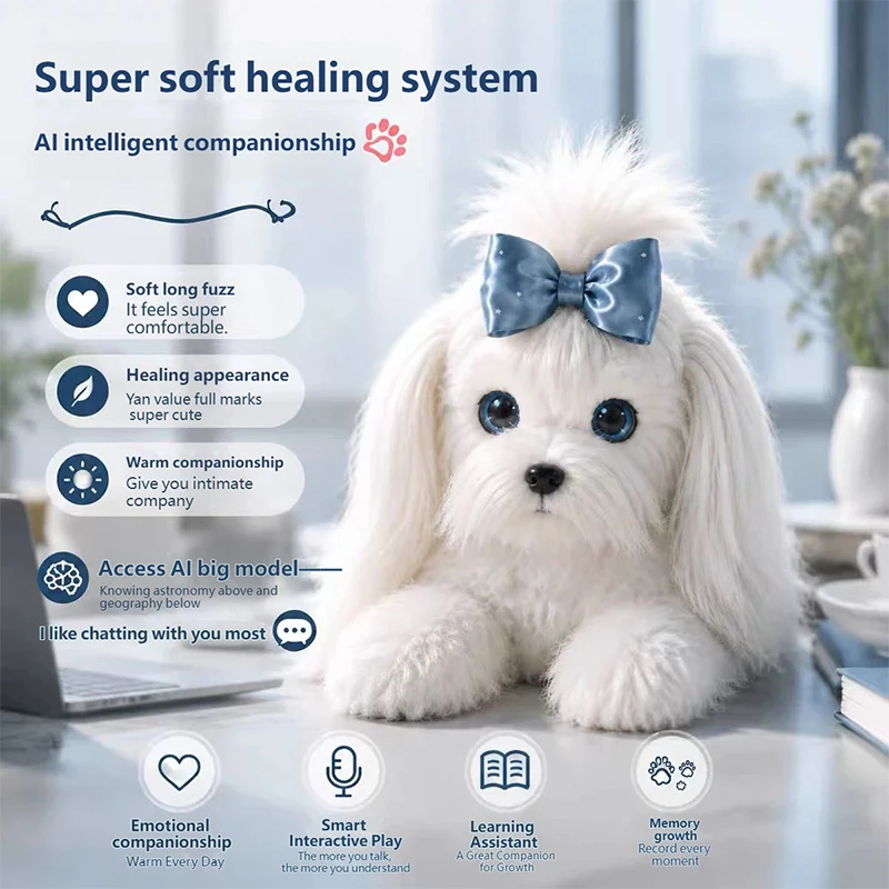 AI Interactive Plush Toy White Dog with Blue Bow‑knot Smart Voice Chat Stuffed Doll Companion Educational Gift Toy for Kids Chil