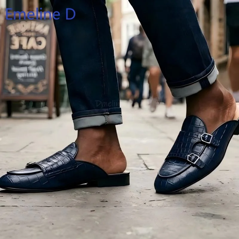 Shiny Croc Textured Loafer Mules Double Adjustable Metal Buckle Bands Slim Low Flat Base Urban Commute Leisure Closed Toe Shoes