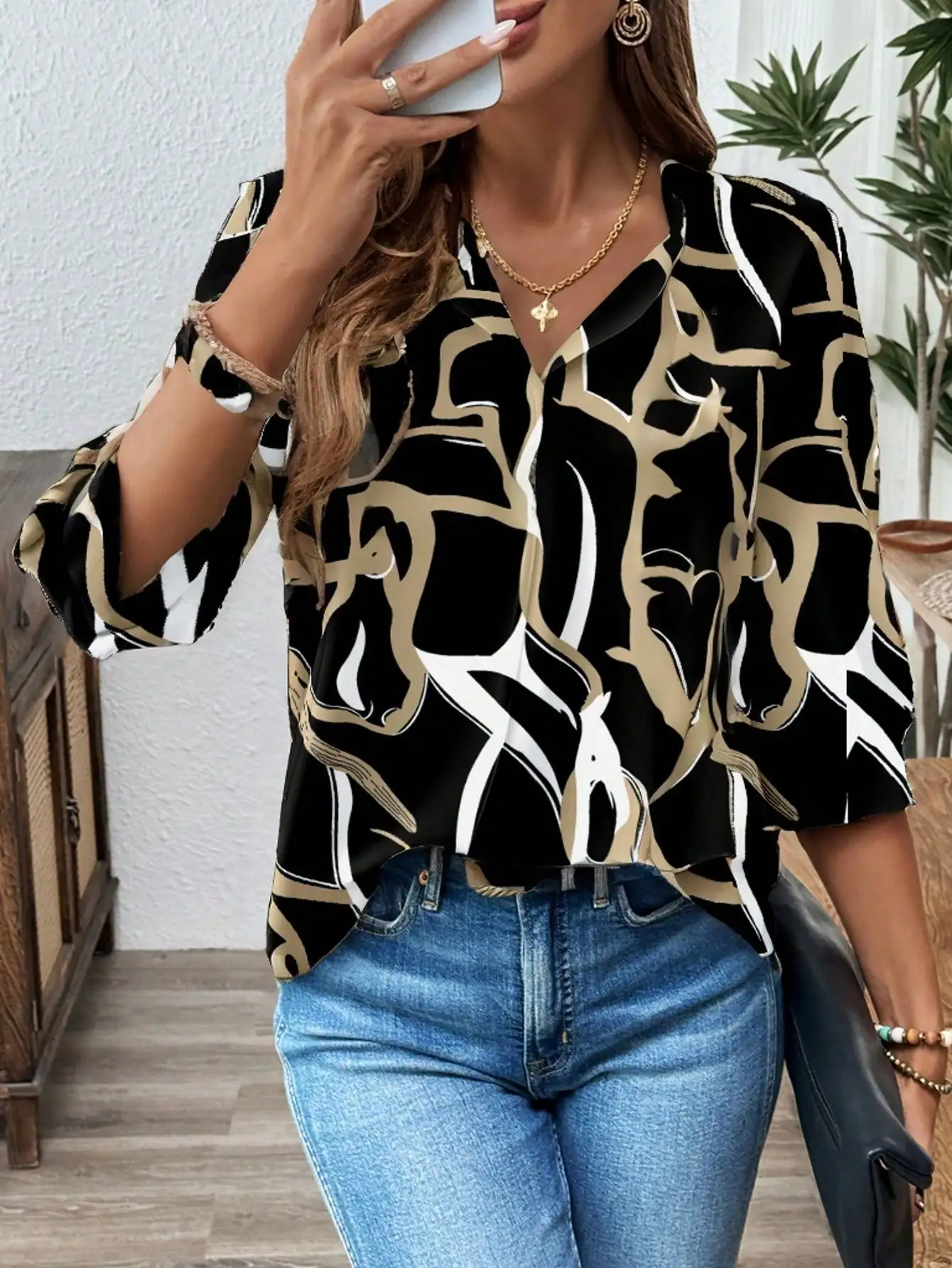

Women's Shirts Fashion Elegant Print V Neck Blouses 25 Spring Summer Metallic Accent Office Casual with Weekend Brunch Outfit