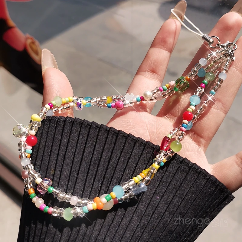 Colorful Dopamine Girl Rice Bead Phone Chain, Outdoor Anti Loss Creative Phone Hanging Rope