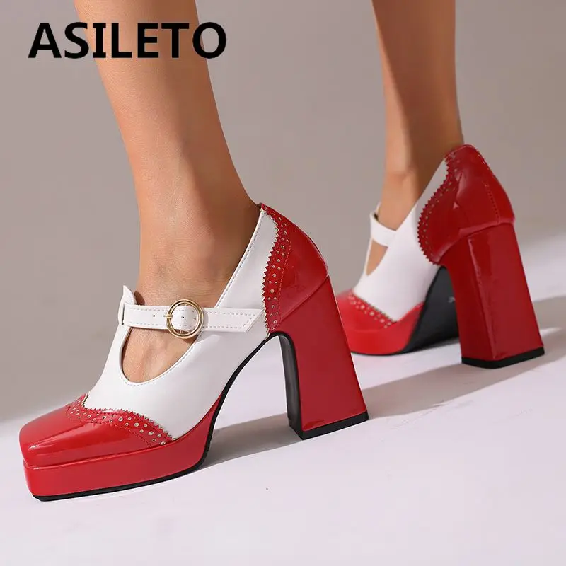 

ASILETO 2025 Mary Janes Pumps for Women Square Toe Chunky Heels 9.5cm Platform 2.5cm T-Strap Mixed Color Big Size 45 46 47 48