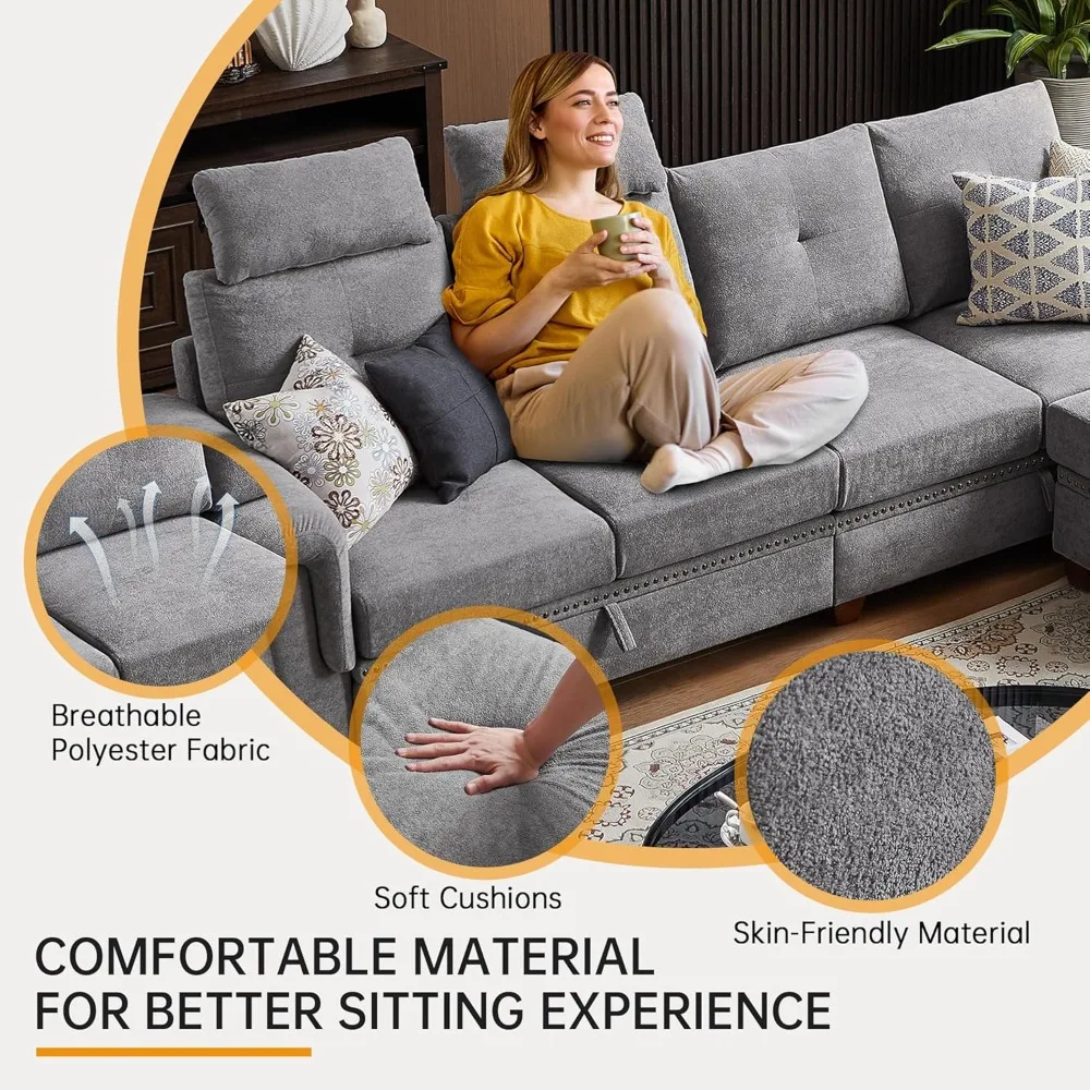 أريكة مقطعية قابلة للتحويل مع مساحة تخزين، أريكة على شكل حرف L مع كرسي وحامل أكواب، أريكة حديثة من قماش الألياف الدقيقة #4