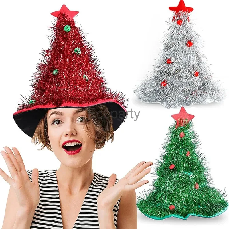 2025 Lovely Christmas Tree Hats for Adults Kids Funny Rain Silk Santa Hat with Tinsel New Year Xmas Party Costume Accessory