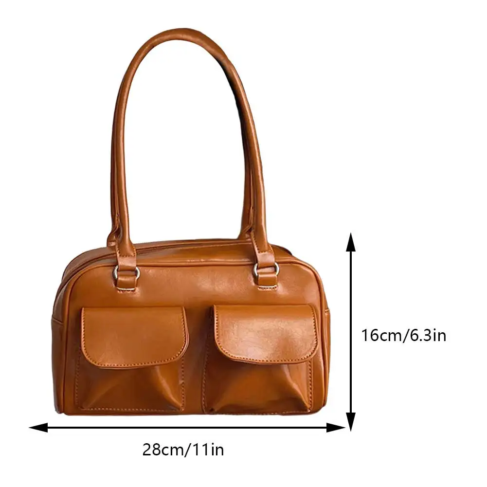 Retro Women\'s Satchel Hobo Bag PU Leather Shopping Bag Fashion Solid Designer Armpit Bag Casual Double Pocket Hand Underarm Bag