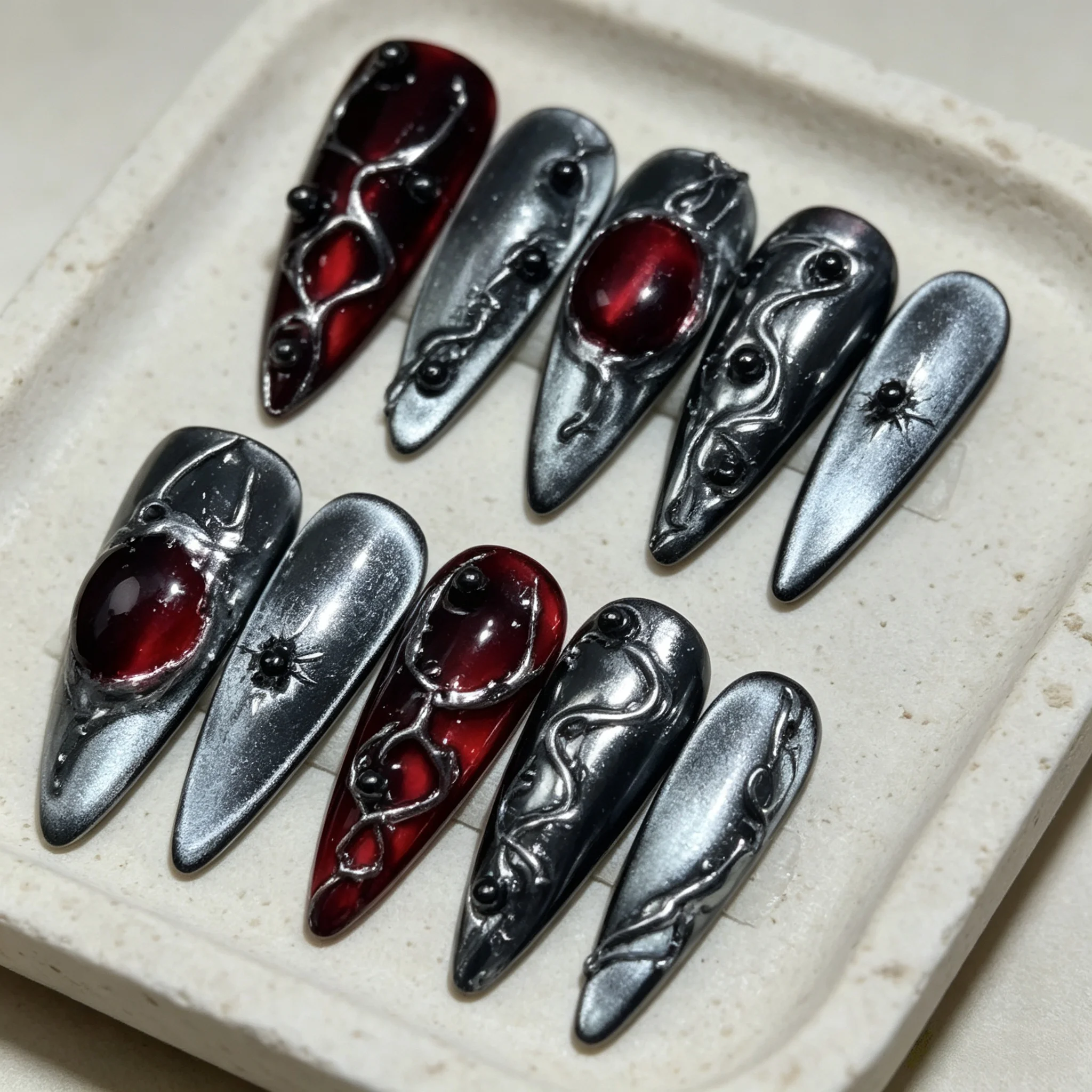 10pcs Y2K Gothic Blood Red Press On Nails 3D Metal Snake Vine False Nail Halloween Chrome Silver Metallic Fake Nail for Women