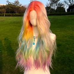 European and American rainbow gradient highlight dyed curly Long Natural front lace wig Colored party heat-resistant wig