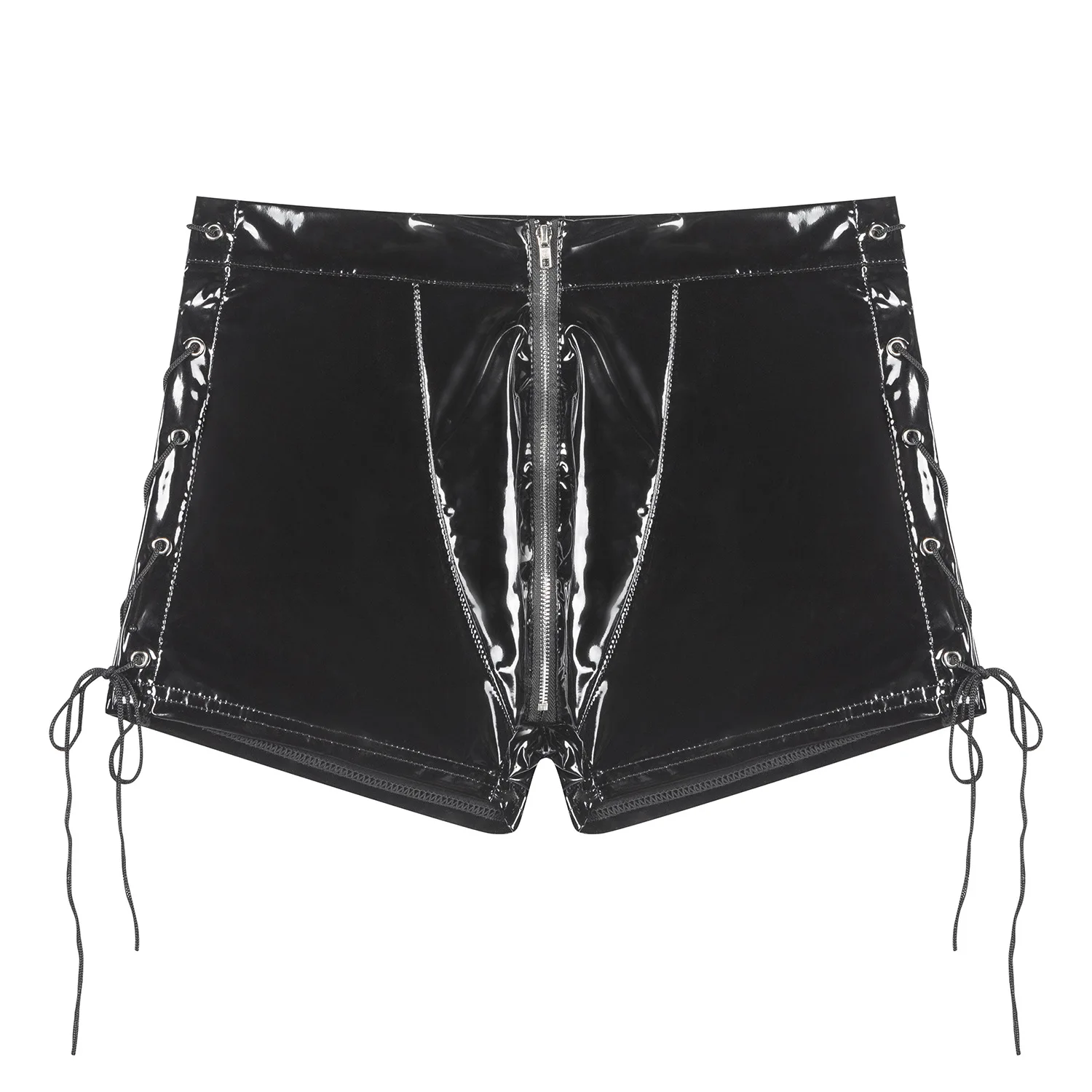 Men Glossy Bulge Pouch Underwear Side Hollow Out Lace-up Boxer Shorts Wet Look PVC Leather Panties Shiny Front Zipper Underpants