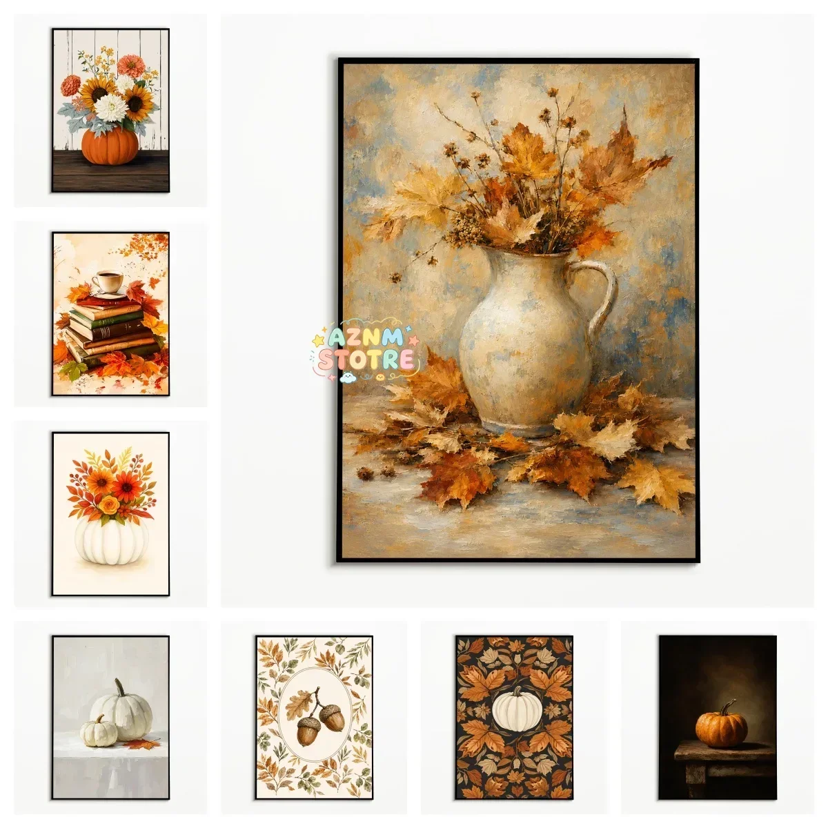 1PC Autumn Vintage Clay Pot Pumpkin and Maple Leaf Poster  Thanksgiving and Halloween Wall Art  Canvas Printing Fall Gift