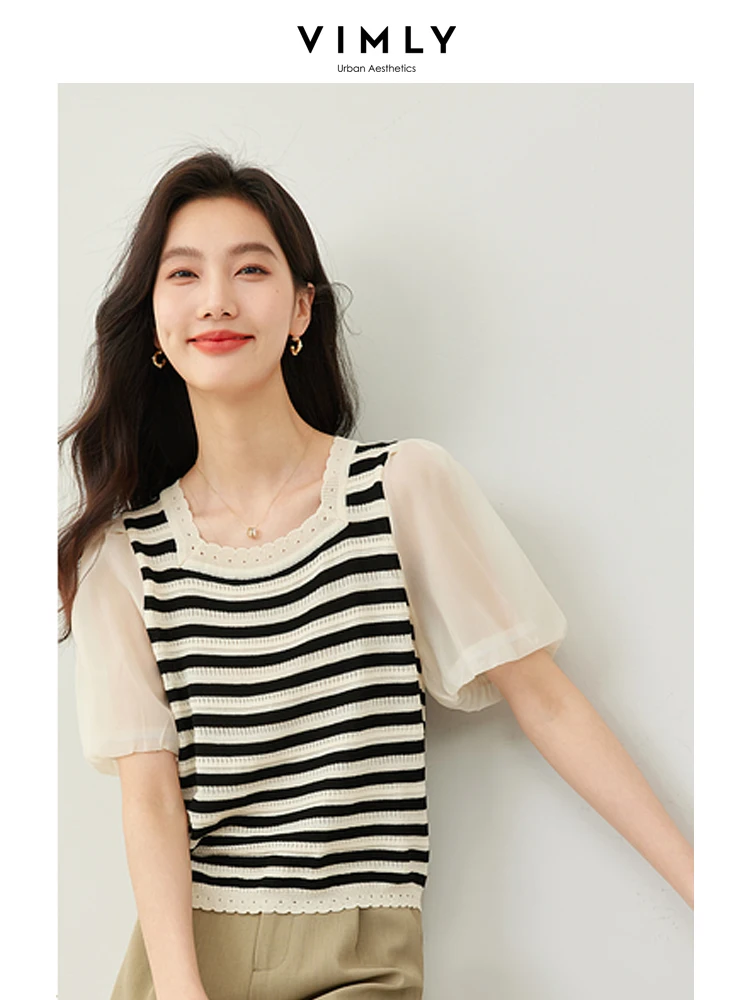 

Vimly Spliced Fake 2 Piece Striped Puff Sleeve Tshirts for Women 2024 Summer New Square Collar Simple Short Sleeve Top 72978