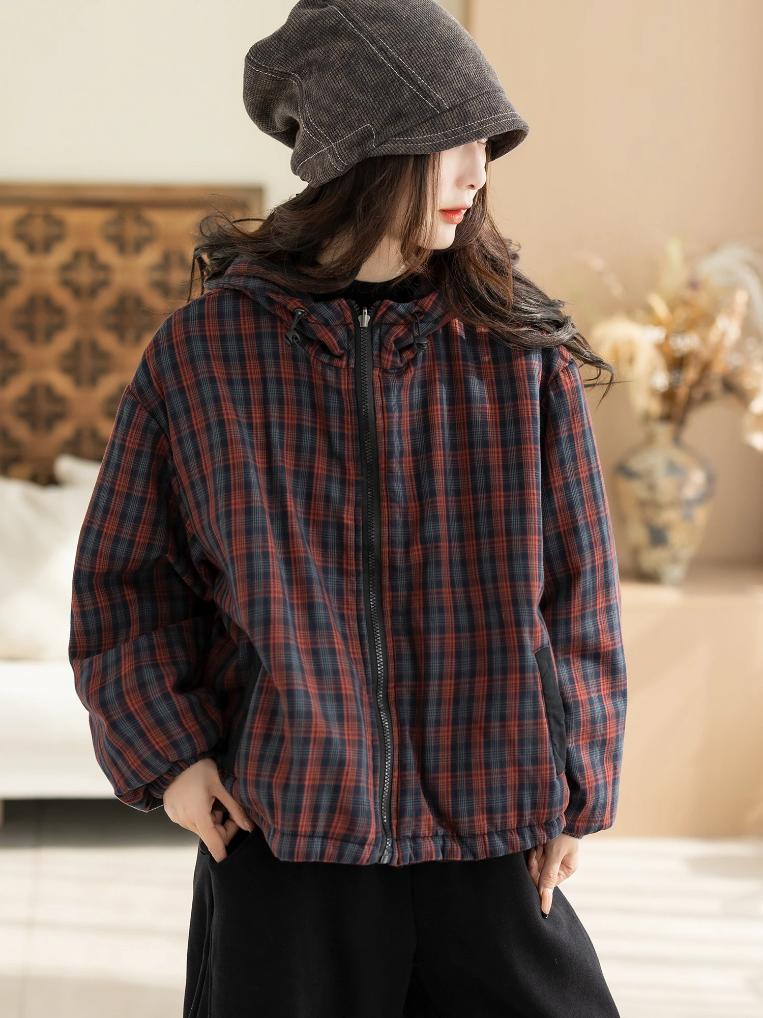 

Cyu 00% хлопок, осень-зима, новое повседневное женское двустороннее пальто с капюшоном, клетчатое универсальное верхнее пальто с застежкой-молнией, Lo...