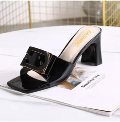 Summer New Thick Heel One Piece Anti slip Korean Edition Metal Buckle Square Head High Heel Fashion Slippers for Women