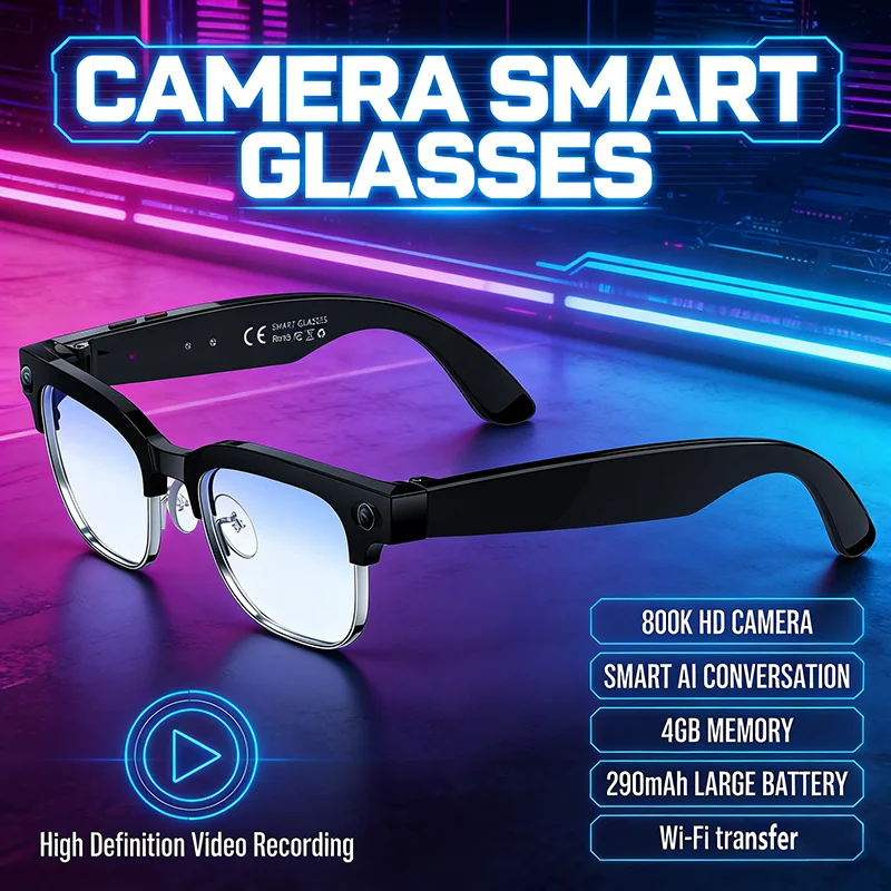 

2026 Camera Smart Glasses 8MP with AI Voice Wake ENC Noise Reduction Waterproof Bluetooth Sunglasses for Video Recording Eyewear